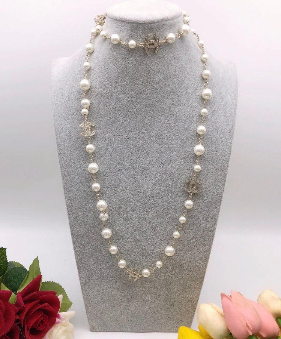 Preorder Now this Elegant Pearl & Crystal Double-Layer CC Necklace