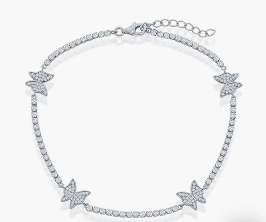 Sterling Silver Butterfly CZ Tennis Anklet