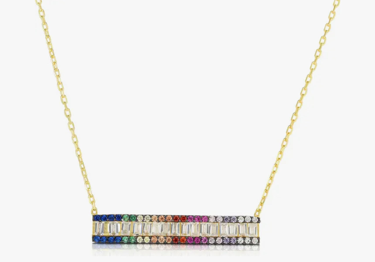 14K Goldplated & Cubic Zirconia Bar rainbow color Pendant