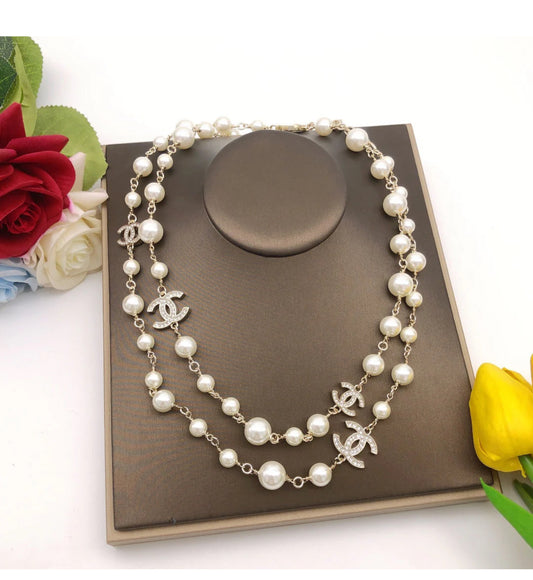 Elegant Pearl & Crystal Double-Layer CC  Necklace