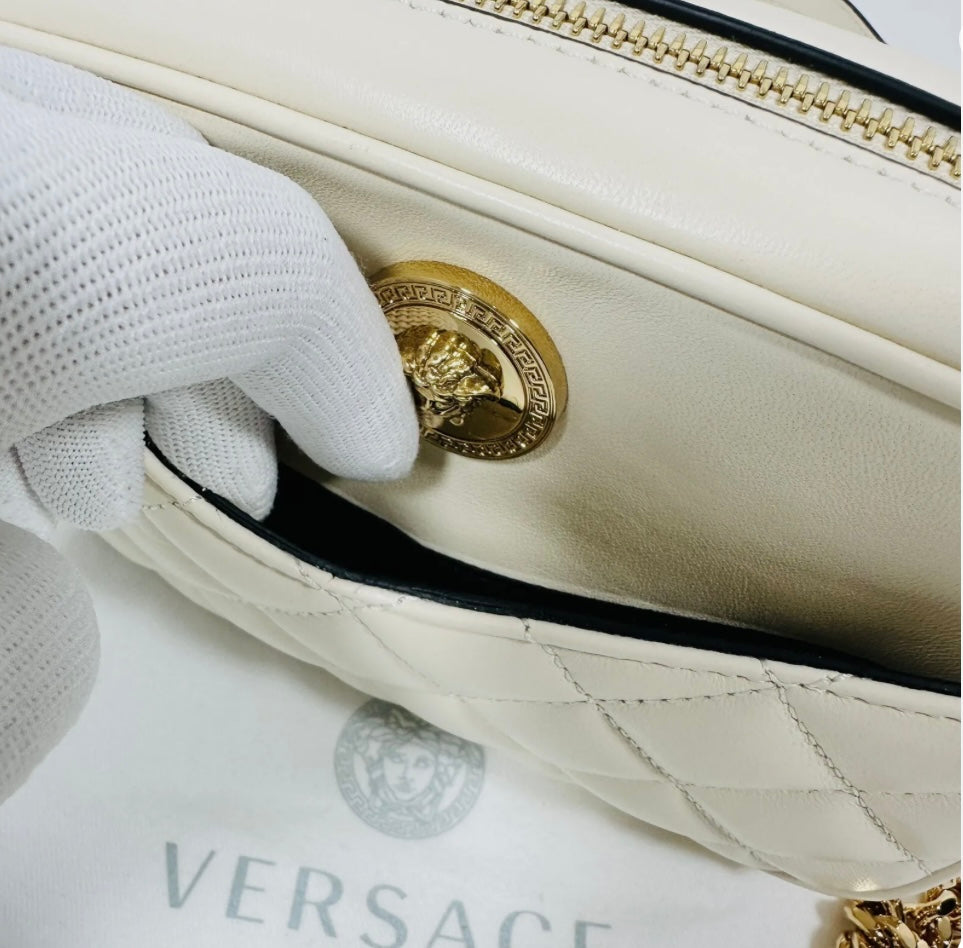 Versace Quilted White Lamb leather Crossbody Bag with Gold Chain,Best Price in the market!