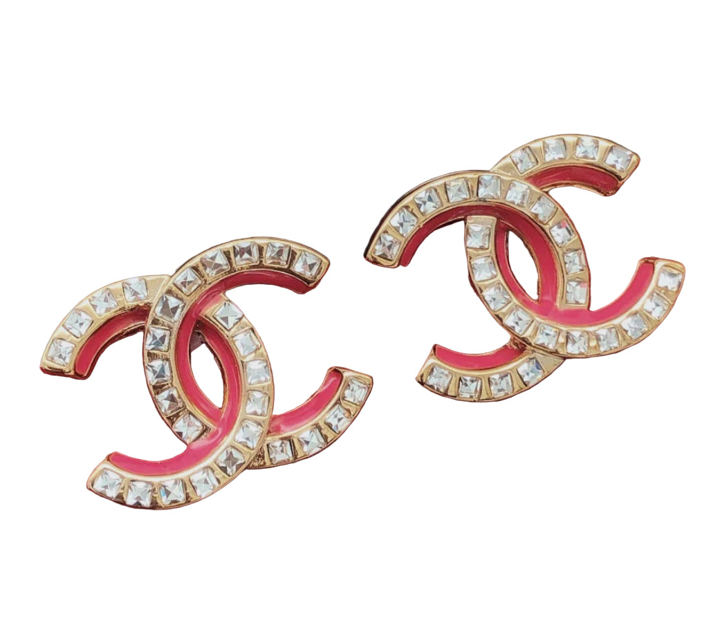 Crystal & Pink Resin CC Earrings (18K Gold)