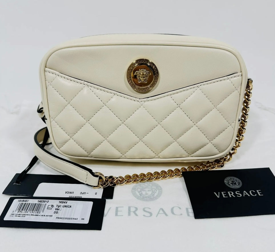 Versace Quilted White Lamb leather Crossbody Bag with Gold Chain,Best Price in the market!