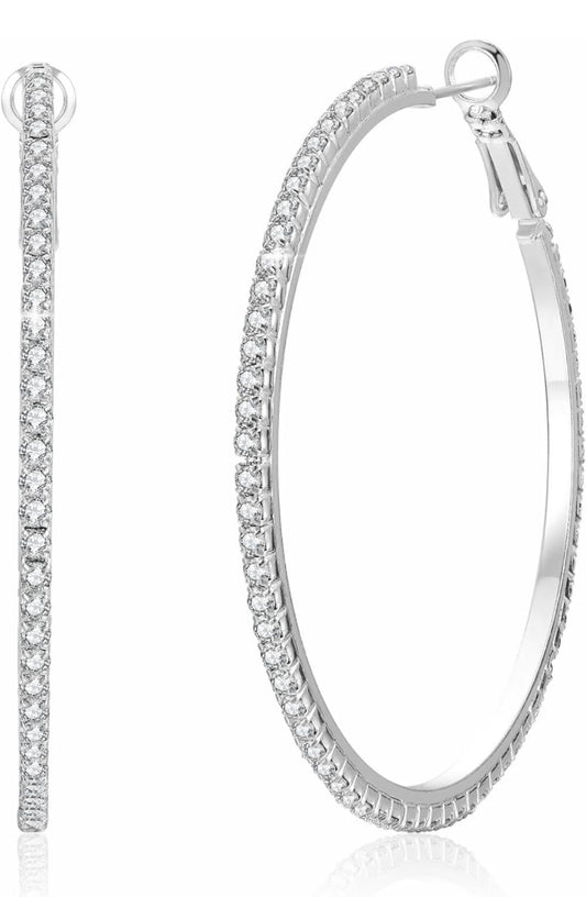 High End chic Sterling Silver 55mm Rhinestone Hoop Earrings